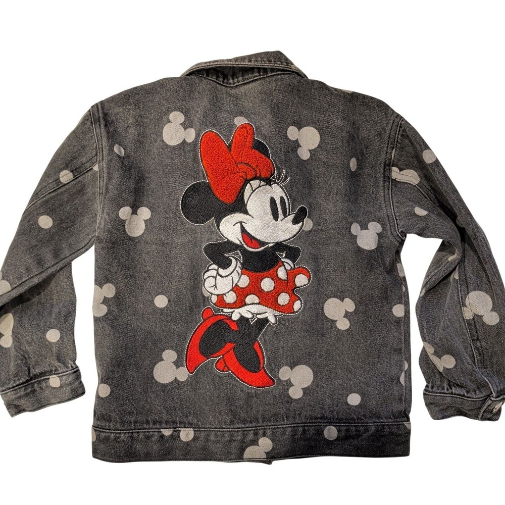 Disney Minnie Mouse Girls 4T Grey Denim Jacket Acid Wash Mickey Polka Dot Biker